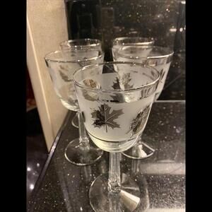 🎩Platinum Banded Frosted Glass With Leaves Detail Water Goblets Set Of 5